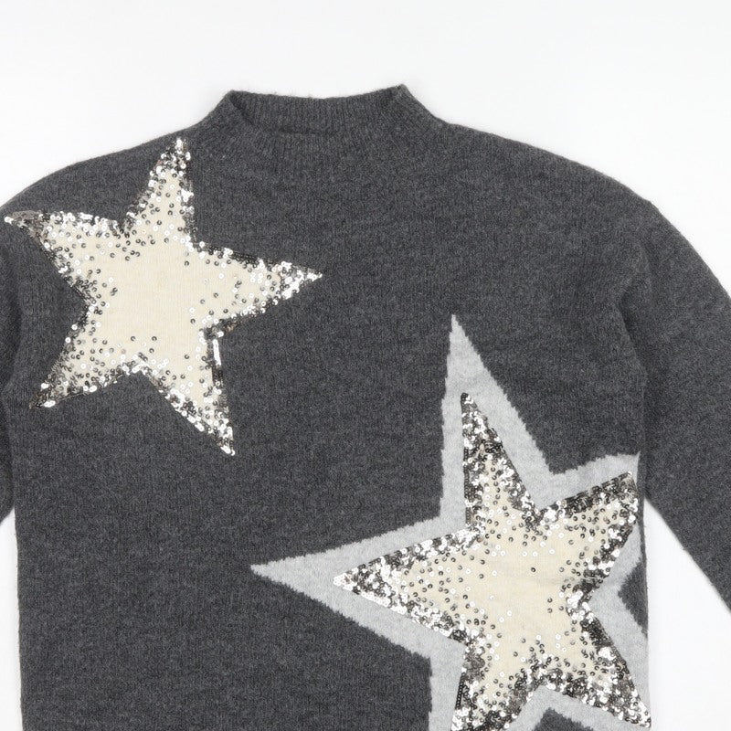 M&S Womens Grey Small Sequin Star High Neck Knit Jumper