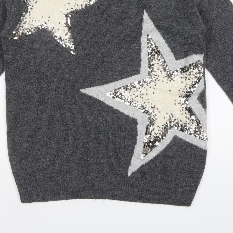 M&S Womens Grey Small Sequin Star High Neck Knit Jumper