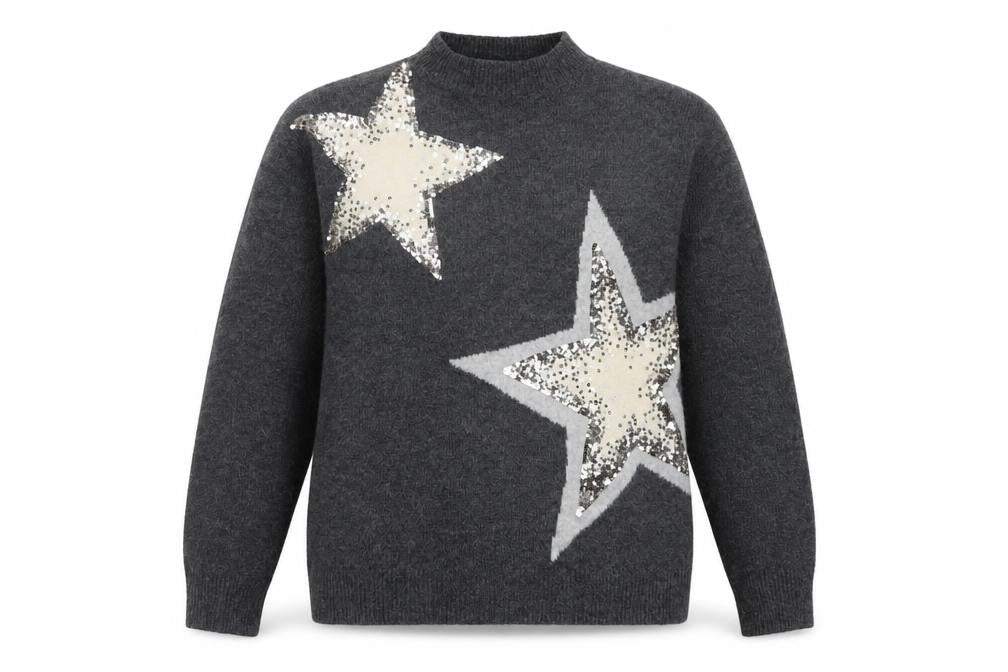 M&S Womens Grey Small Sequin Star High Neck Knit Jumper