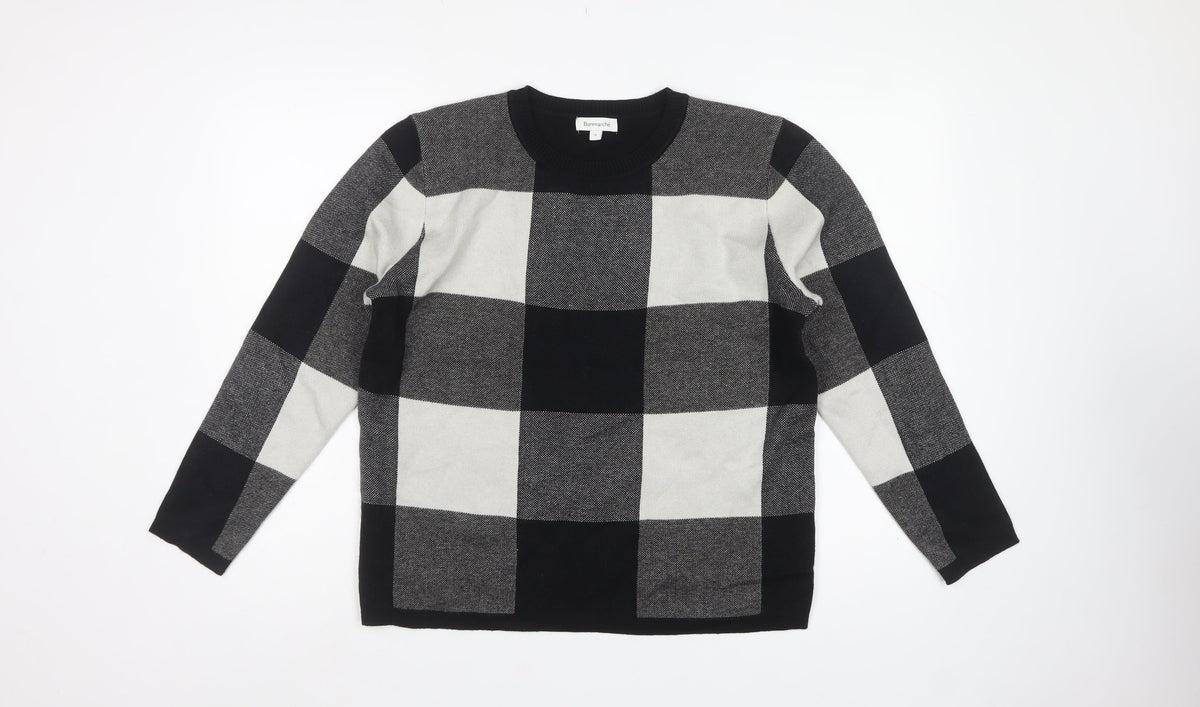 Bonmarché Women Black Check Knit Pullover Jumper UK 14 Long Sleeve