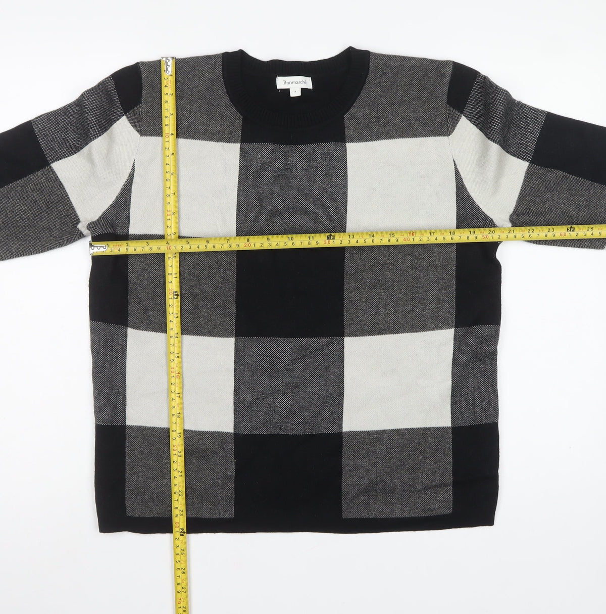 Bonmarché Women Black Check Knit Pullover Jumper UK 14 Long Sleeve