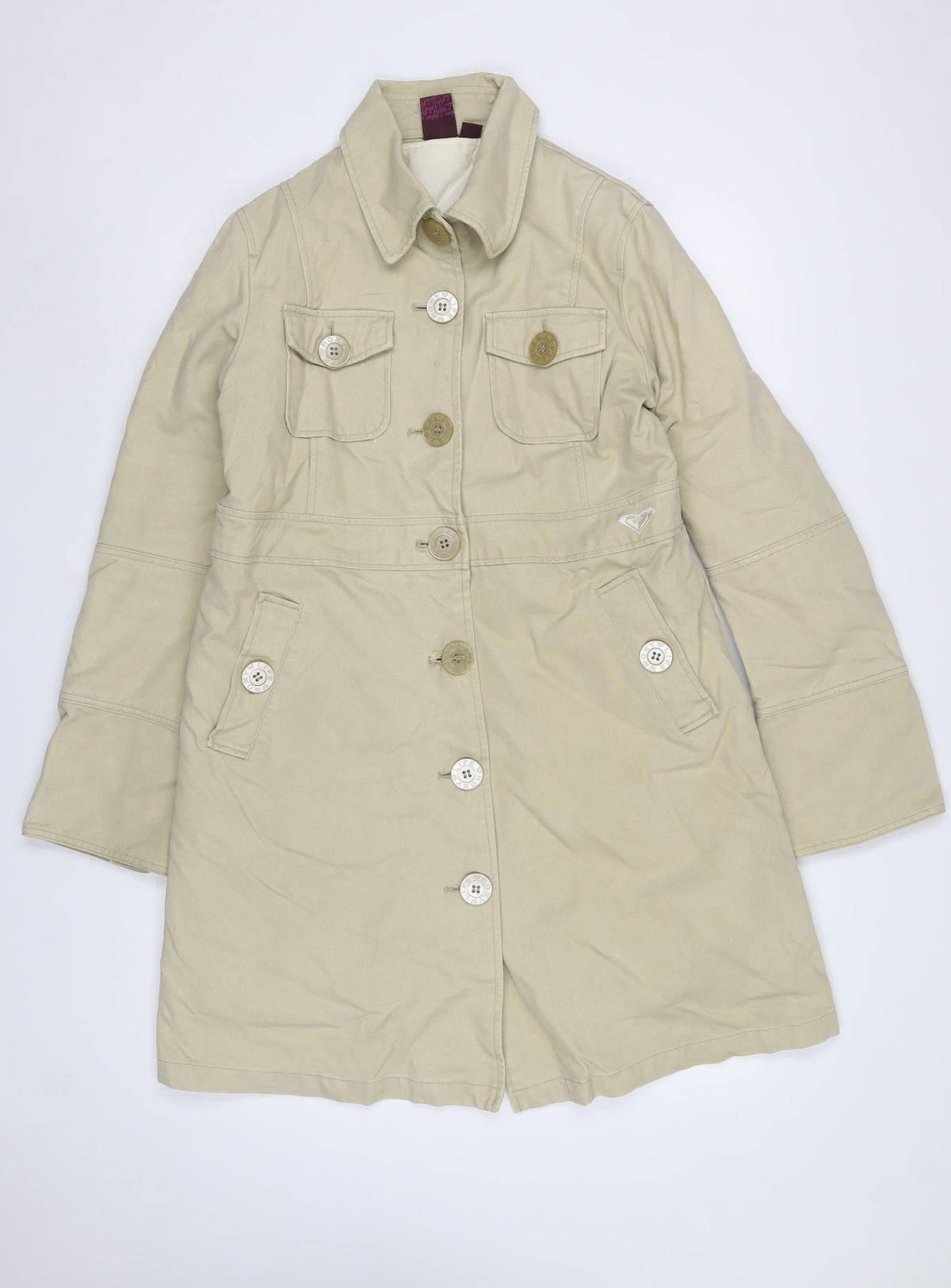 Roxy Womens Beige Size 8 Long Military Cotton Button Coat