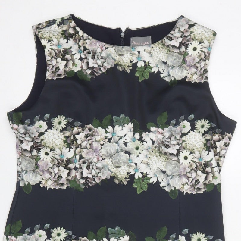 Phase Eight Women Black Floral Sheath Knee Length Dress UK 18 Sleeveless