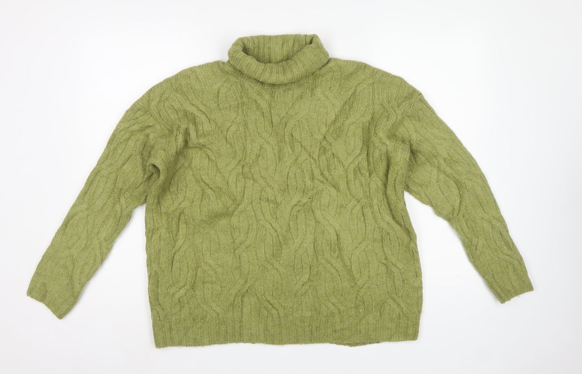Marks and Spencer Women Green M Cable-Knit Roll Neck Pullover Jumper