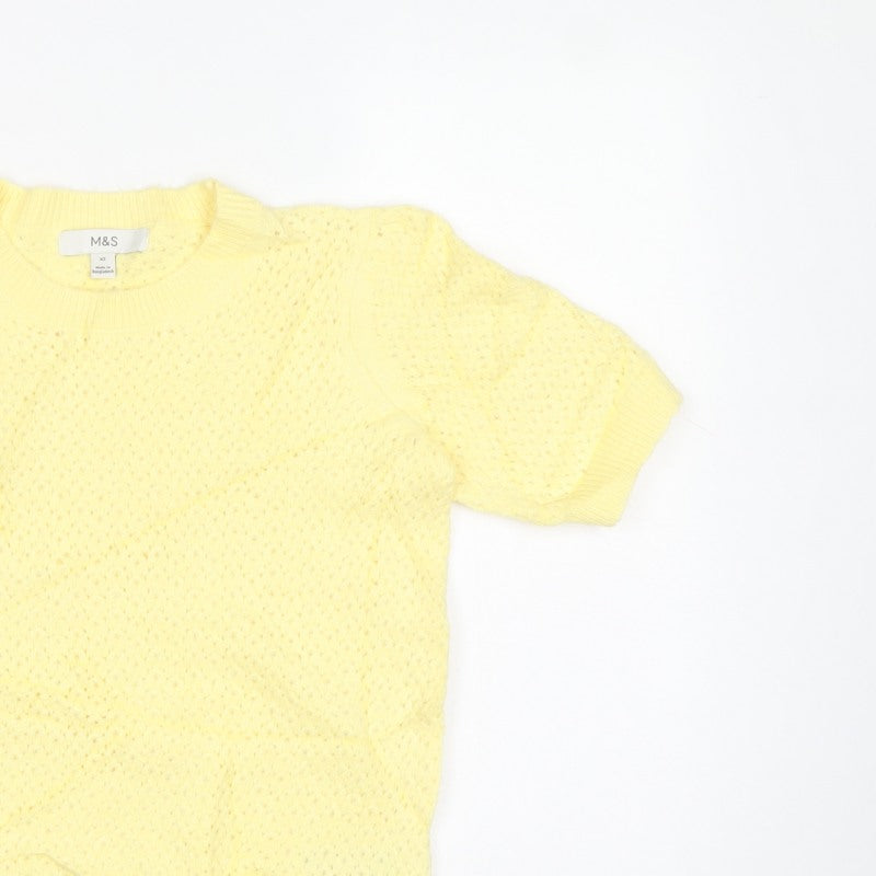 M&S Women Yellow XS Open Knit Short Sleeve Crew Neck Jumper