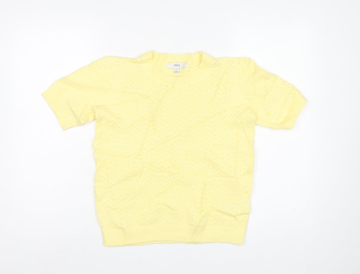 M&S Women Yellow XS Open Knit Short Sleeve Crew Neck Jumper