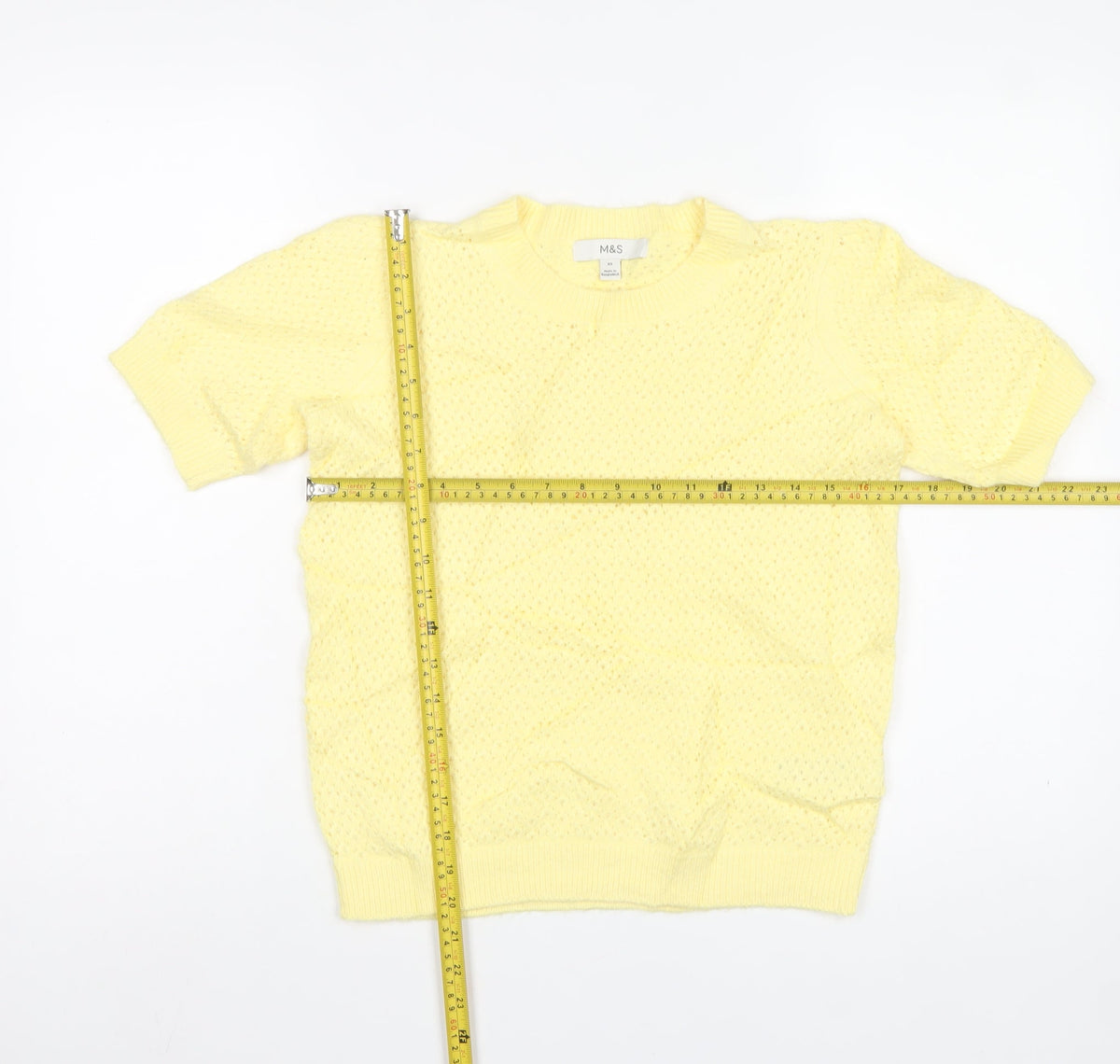 M&S Women Yellow XS Open Knit Short Sleeve Crew Neck Jumper