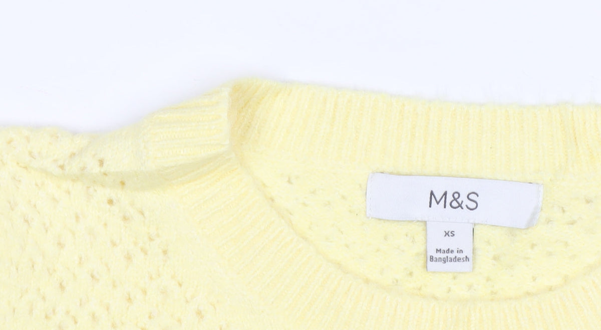 M&S Women Yellow XS Open Knit Short Sleeve Crew Neck Jumper