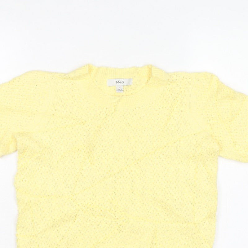 M&S Women Yellow XS Open Knit Short Sleeve Crew Neck Jumper