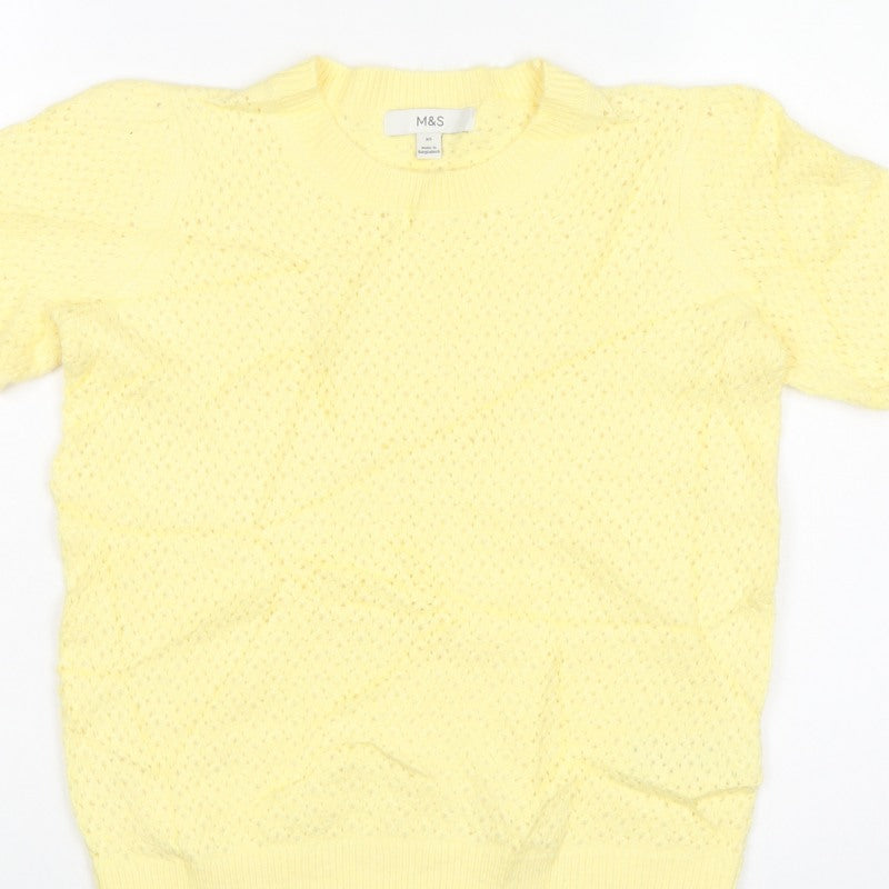 M&S Women Yellow XS Open Knit Short Sleeve Crew Neck Jumper