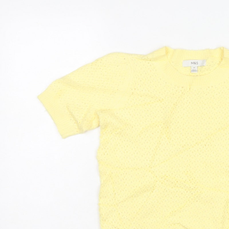 M&S Women Yellow XS Open Knit Short Sleeve Crew Neck Jumper