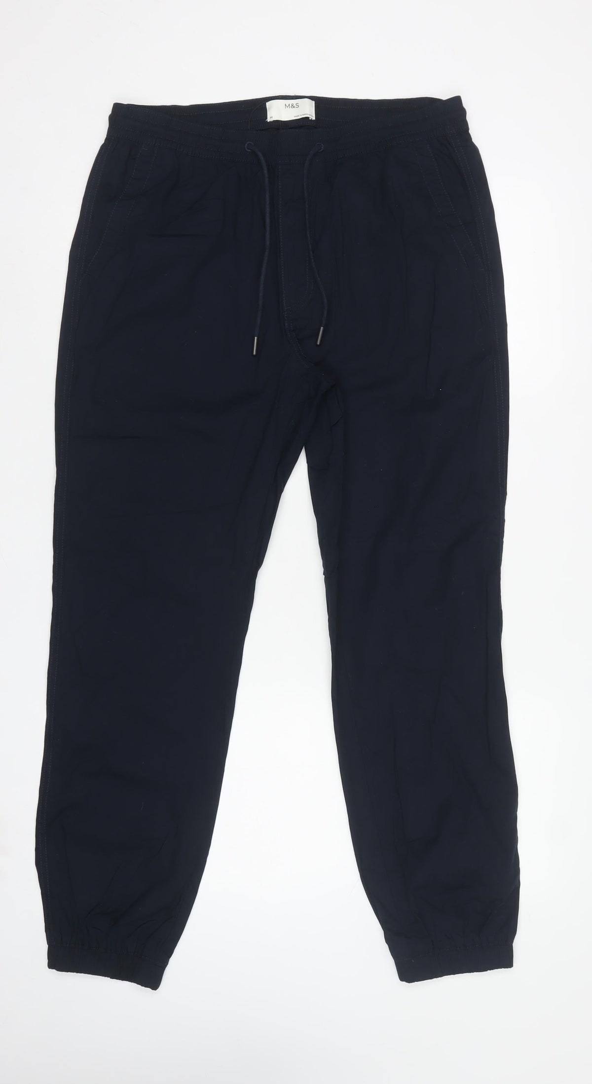 Marks and Spencer Men Blue M Cotton Drawstring Cuffed Jogger Trousers