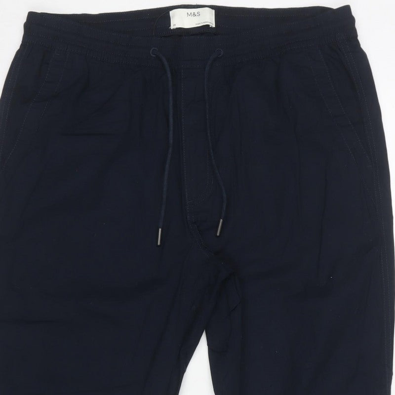 Marks and Spencer Men Blue M Cotton Drawstring Cuffed Jogger Trousers