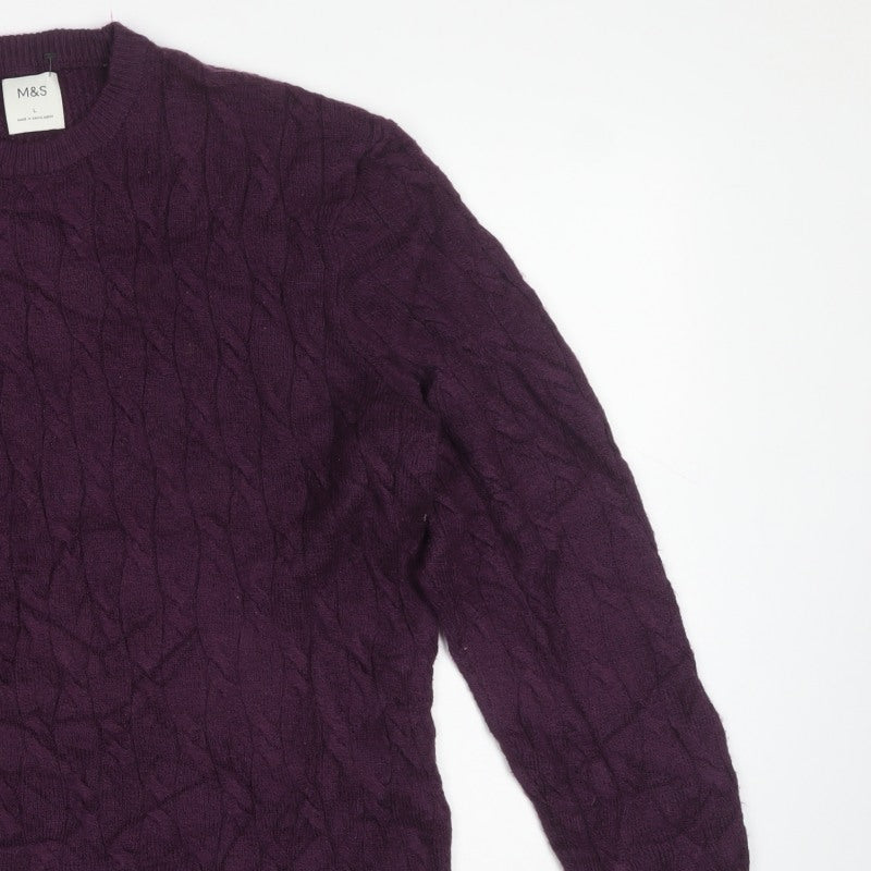 M&S Mens Purple L Cable Knit Crew Neck Pullover Jumper