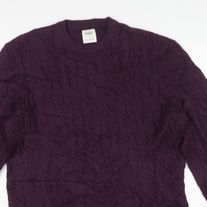 M&S Mens Purple L Cable Knit Crew Neck Pullover Jumper