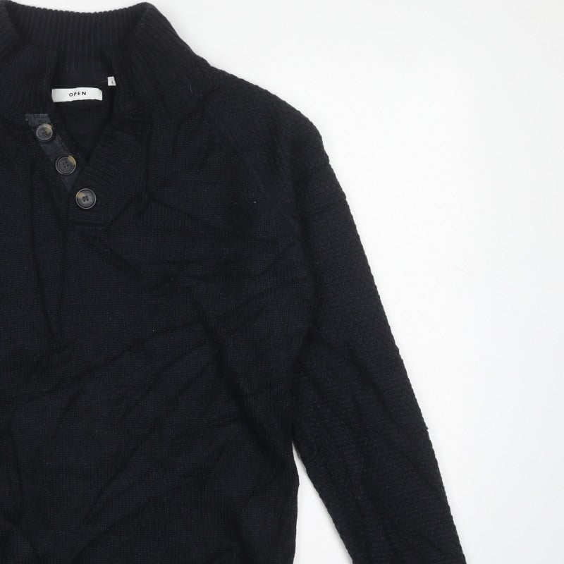 Open Men’s Black L High Neck Button Henley Knit Jumper