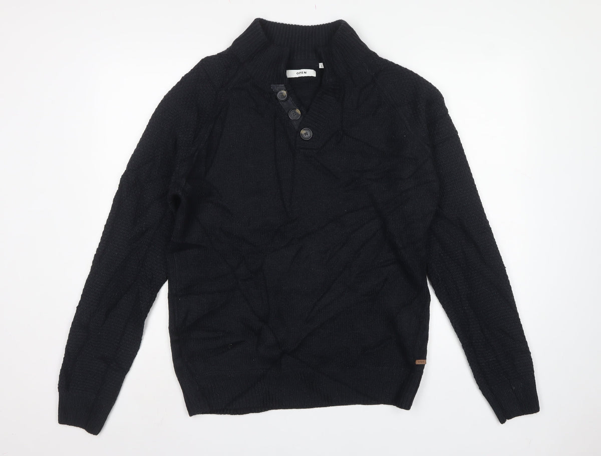 Open Men’s Black L High Neck Button Henley Knit Jumper