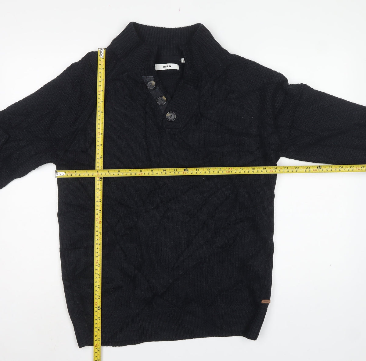 Open Men’s Black L High Neck Button Henley Knit Jumper