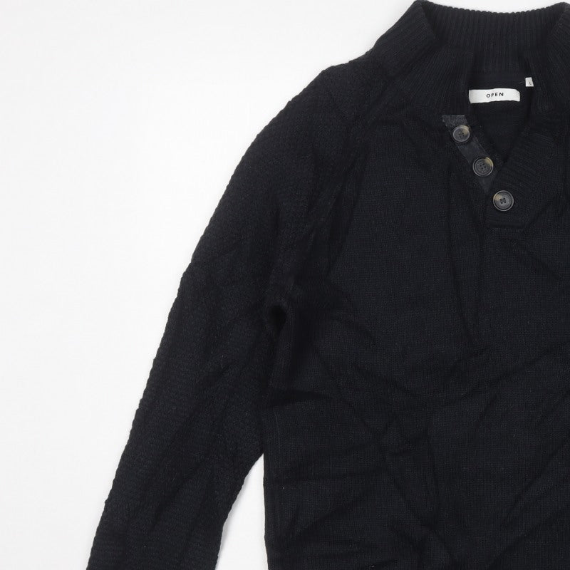 Open Men’s Black L High Neck Button Henley Knit Jumper