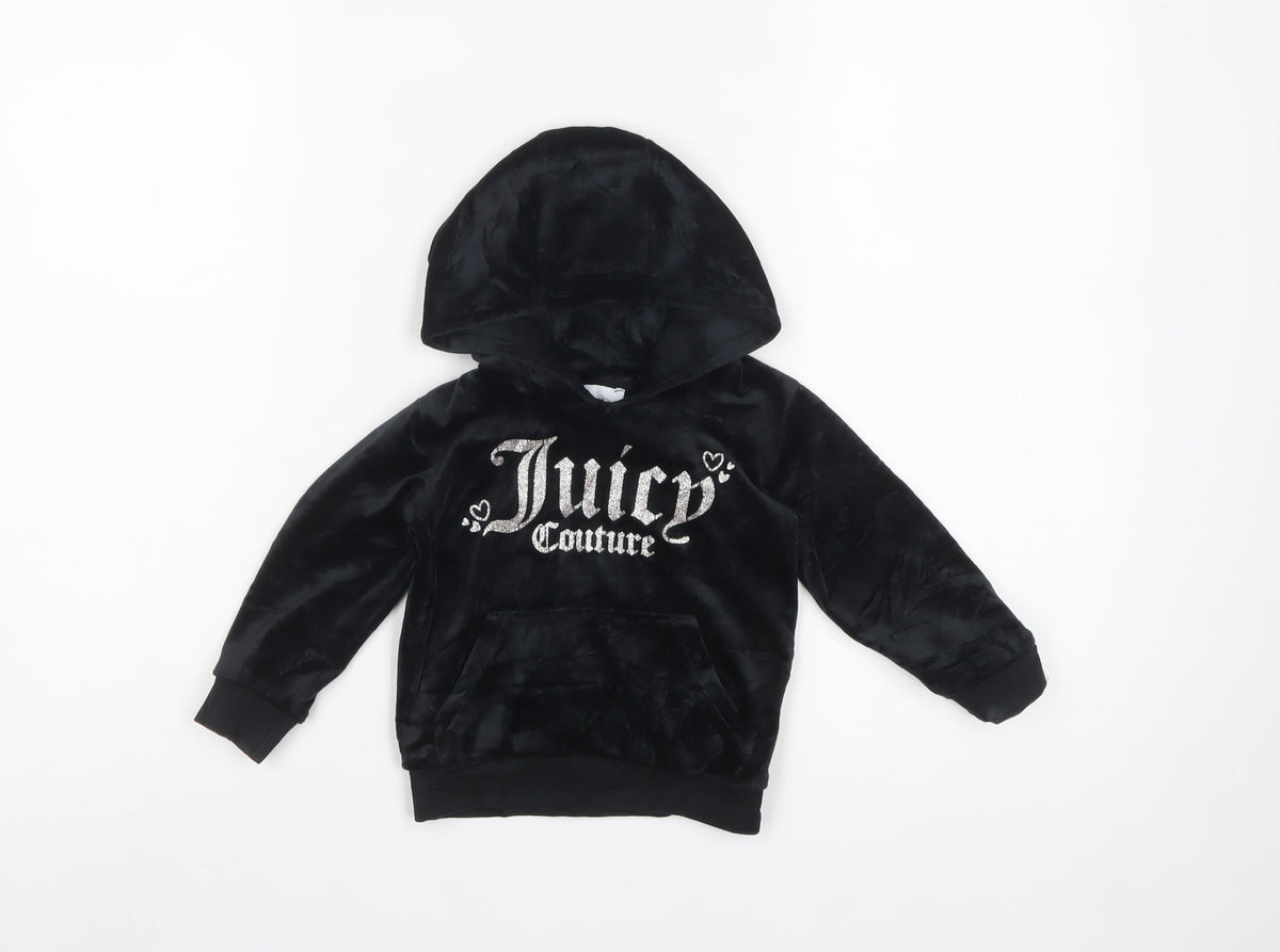 Juicy Couture Girls Black 18-24 Months Velour Hooded Pullover Jumper