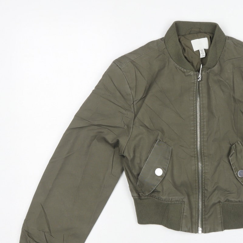 H&M Women Khaki Green UK 6 XS Cropped Bomber Jacket Full Zip