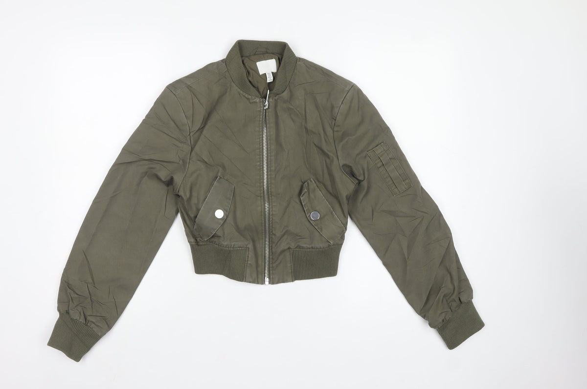 H&M Women Khaki Green UK 6 XS Cropped Bomber Jacket Full Zip