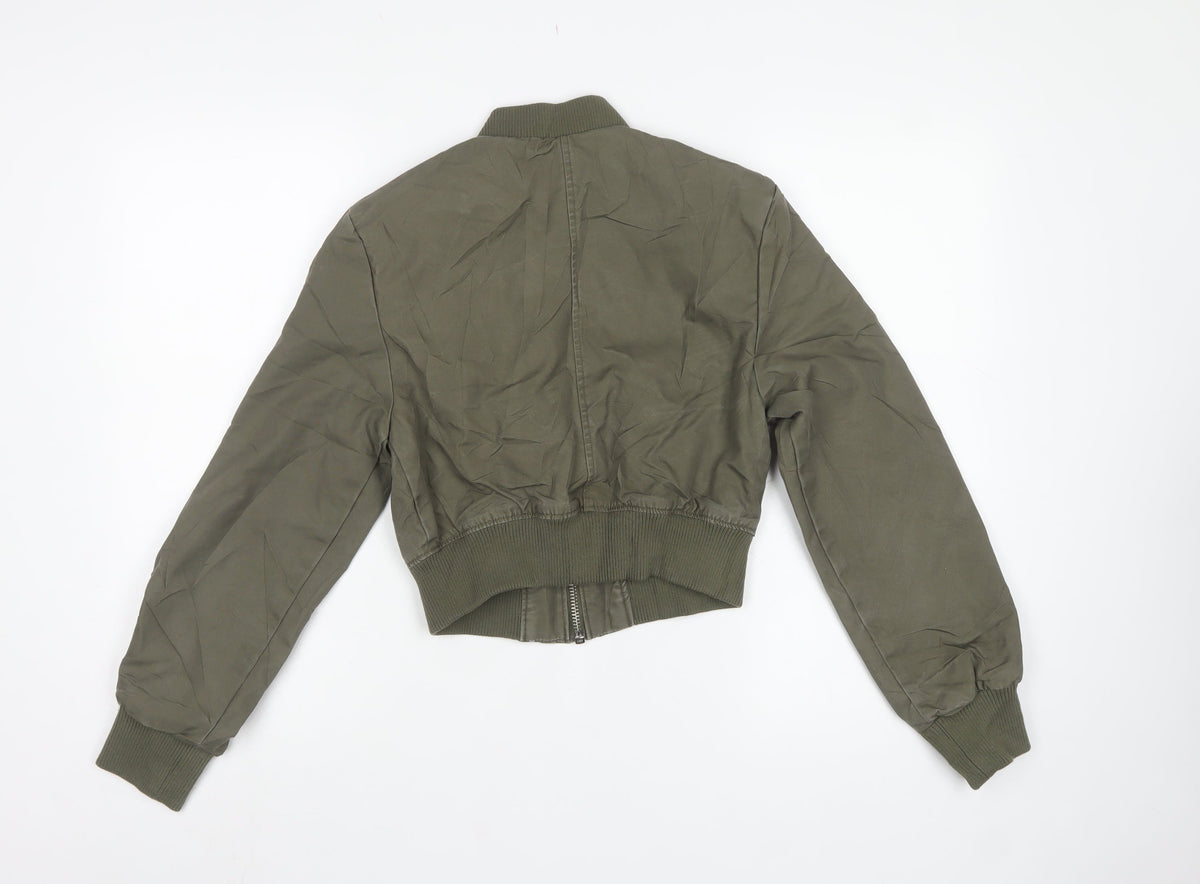 H&M Women Khaki Green UK 6 XS Cropped Bomber Jacket Full Zip