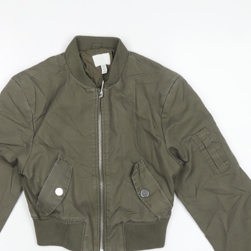 H&M Women Khaki Green UK 6 XS Cropped Bomber Jacket Full Zip