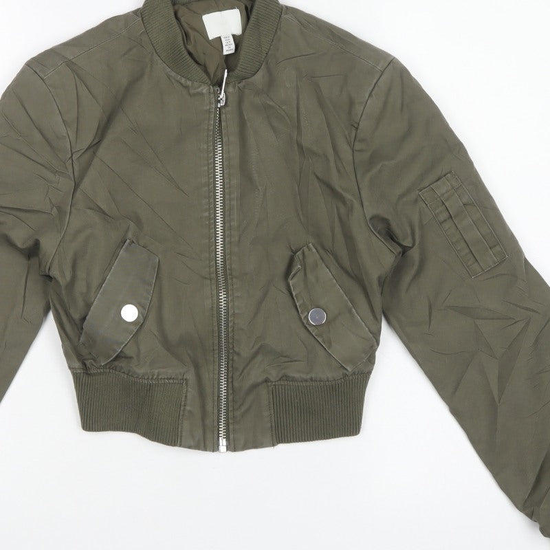 H&M Women Khaki Green UK 6 XS Cropped Bomber Jacket Full Zip
