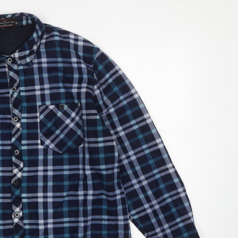 Charles Norton Men’s Blue Plaid Long Sleeve Button-Up Shirt 2XL