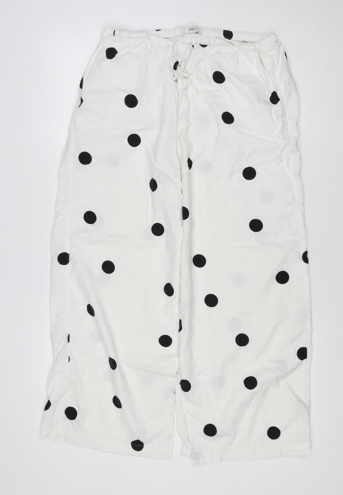 M&S Women White Black Polka Dot Linen Blend Cropped Trousers UK 14