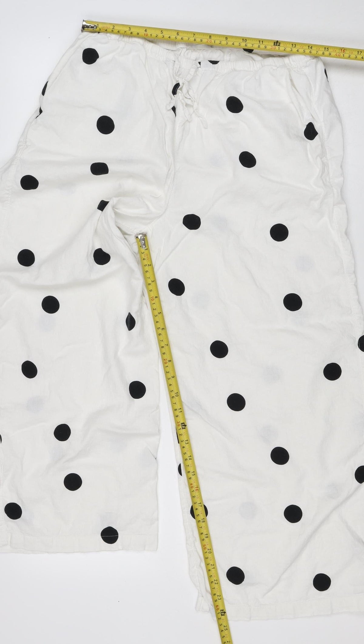 M&S Women White Black Polka Dot Linen Blend Cropped Trousers UK 14