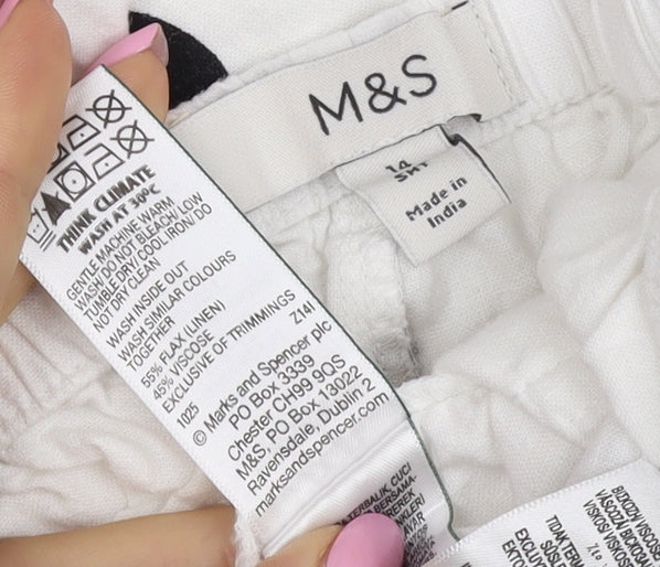 M&S Women White Black Polka Dot Linen Blend Cropped Trousers UK 14