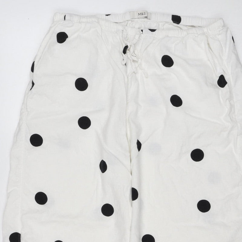 M&S Women White Black Polka Dot Linen Blend Cropped Trousers UK 14