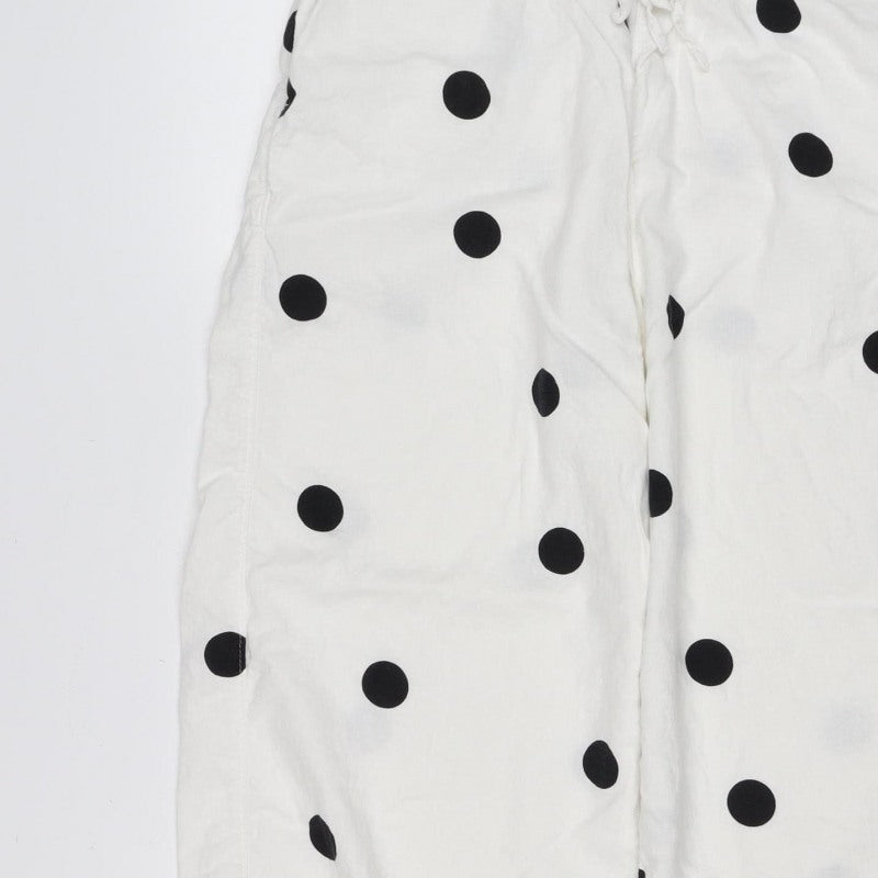 M&S Women White Black Polka Dot Linen Blend Cropped Trousers UK 14