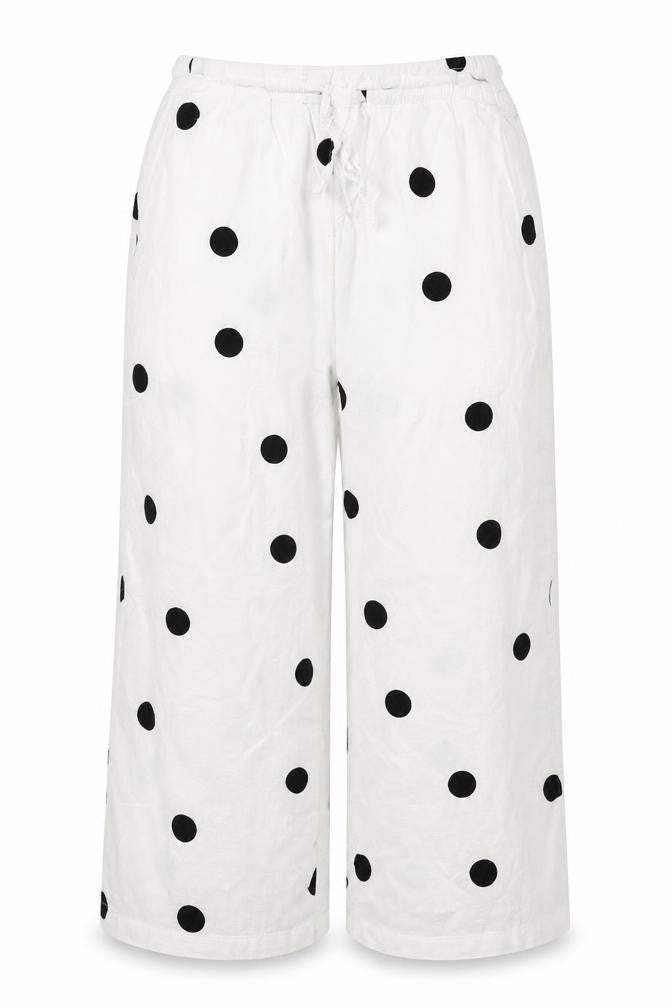 M&S Women White Black Polka Dot Linen Blend Cropped Trousers UK 14