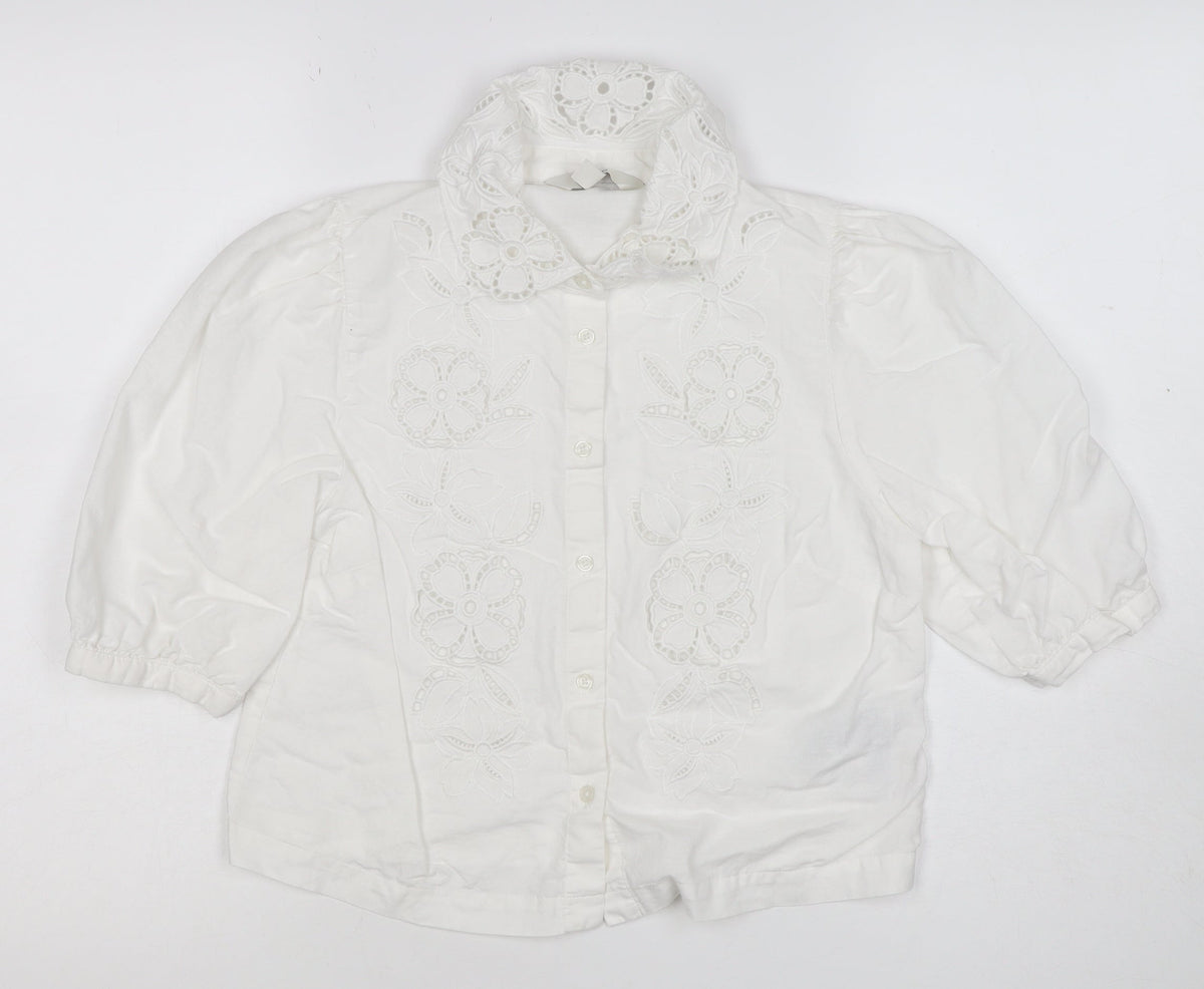 Marks & Spencer Women White Size 8 Floral Embroidered Button-Up Blouse