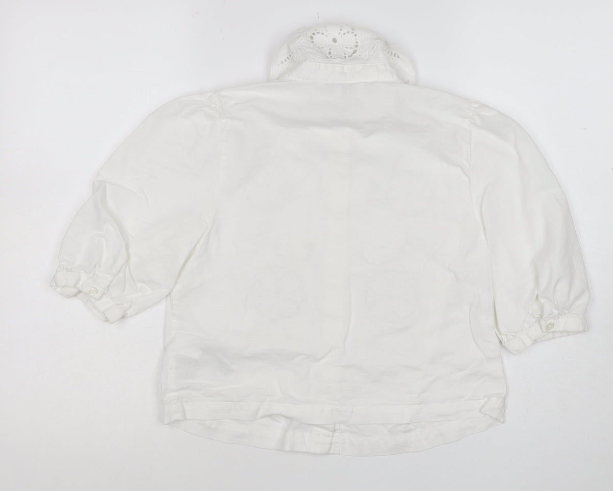 Marks & Spencer Women White Size 8 Floral Embroidered Button-Up Blouse