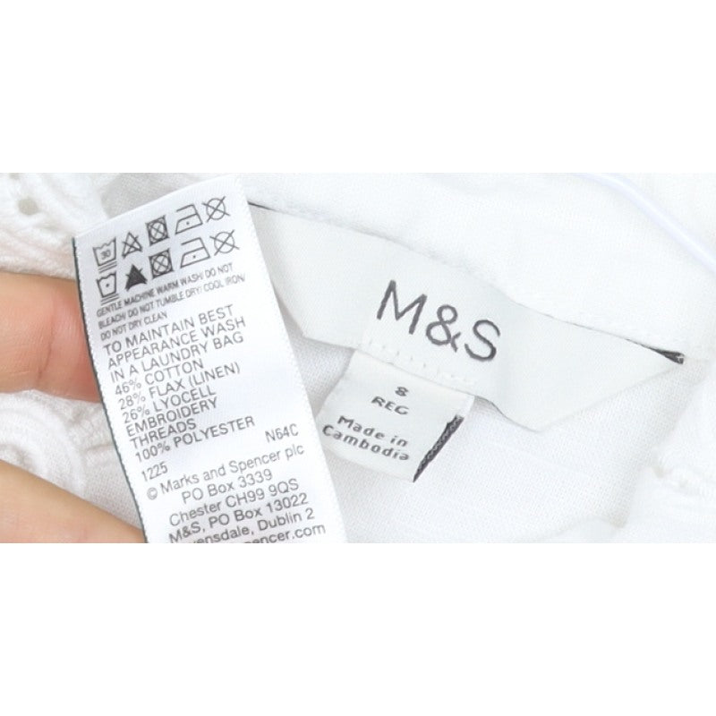 Marks & Spencer Women White Size 8 Floral Embroidered Button-Up Blouse