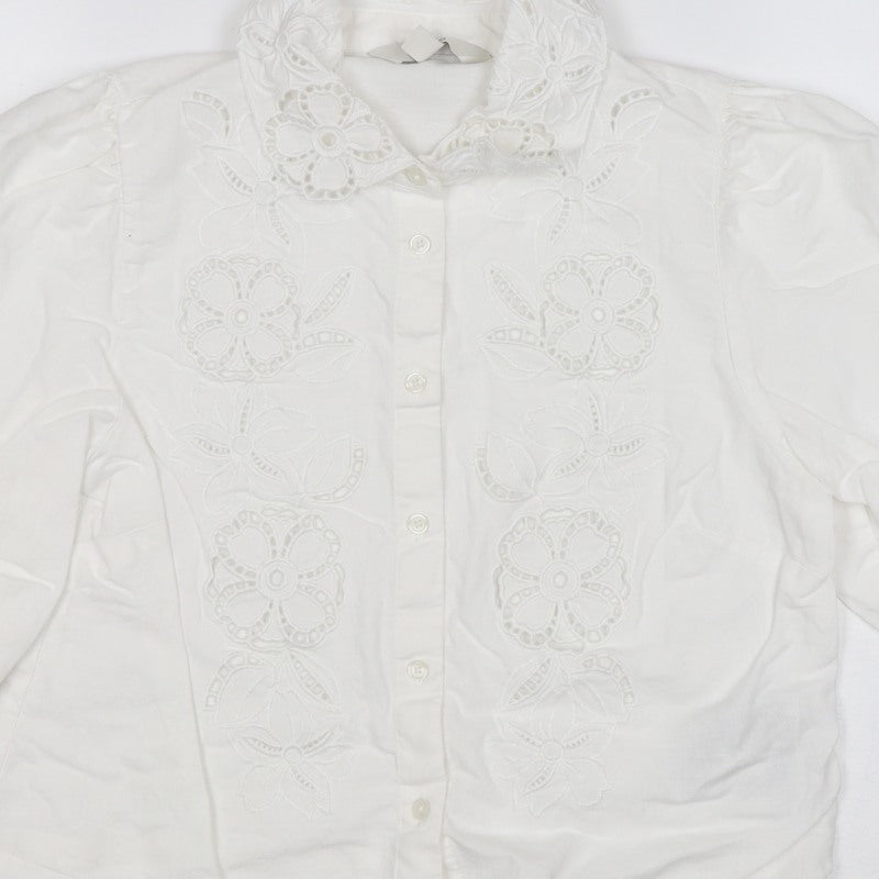 Marks & Spencer Women White Size 8 Floral Embroidered Button-Up Blouse
