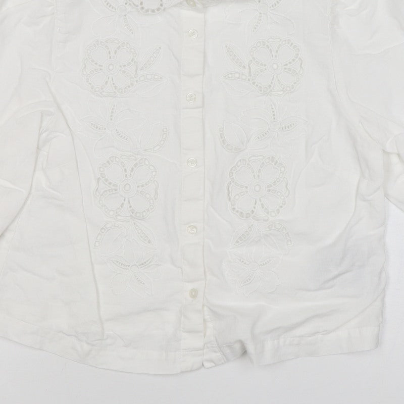 Marks & Spencer Women White Size 8 Floral Embroidered Button-Up Blouse