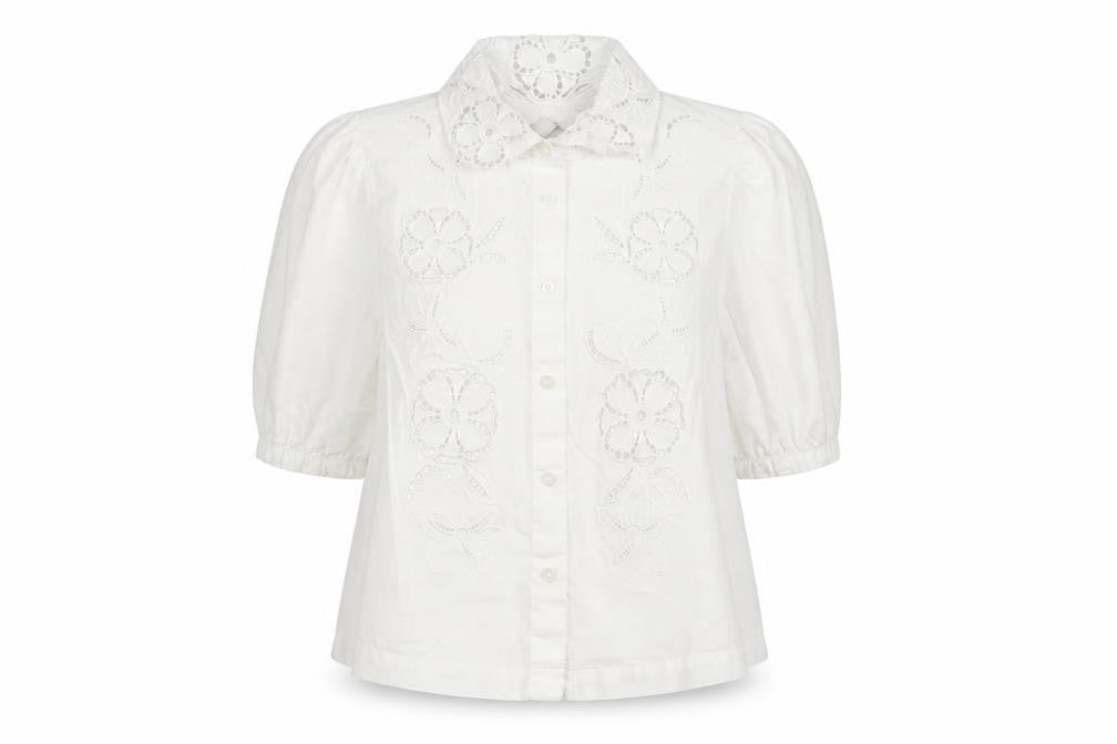 Marks & Spencer Women White Size 8 Floral Embroidered Button-Up Blouse