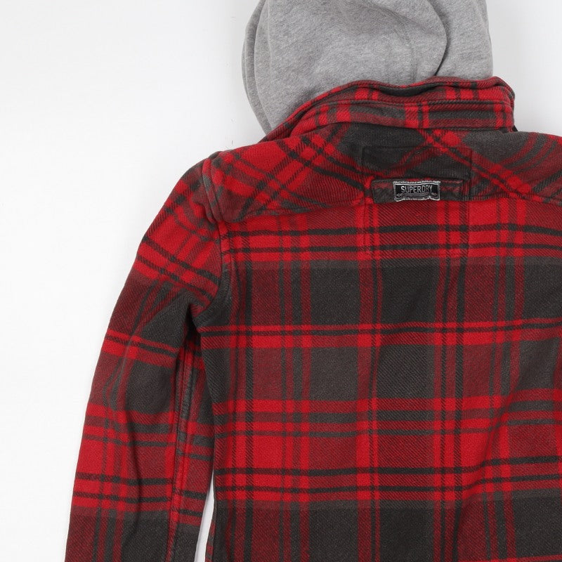 Superdry Men’s Red Plaid Hooded Button Jacket Size S