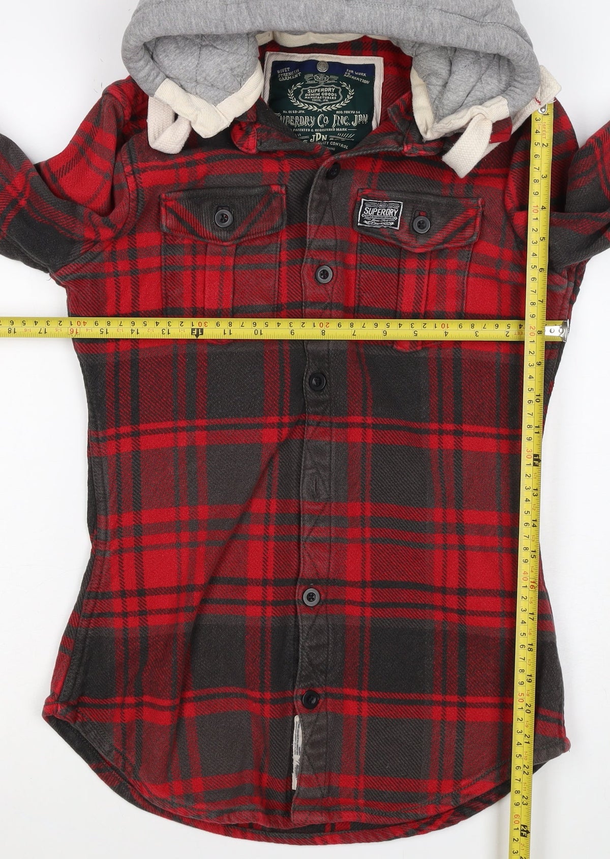 Superdry Men’s Red Plaid Hooded Button Jacket Size S