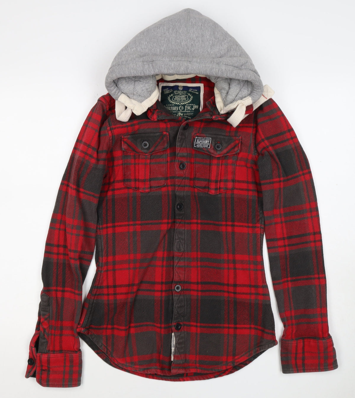 Superdry Men’s Red Plaid Hooded Button Jacket Size S