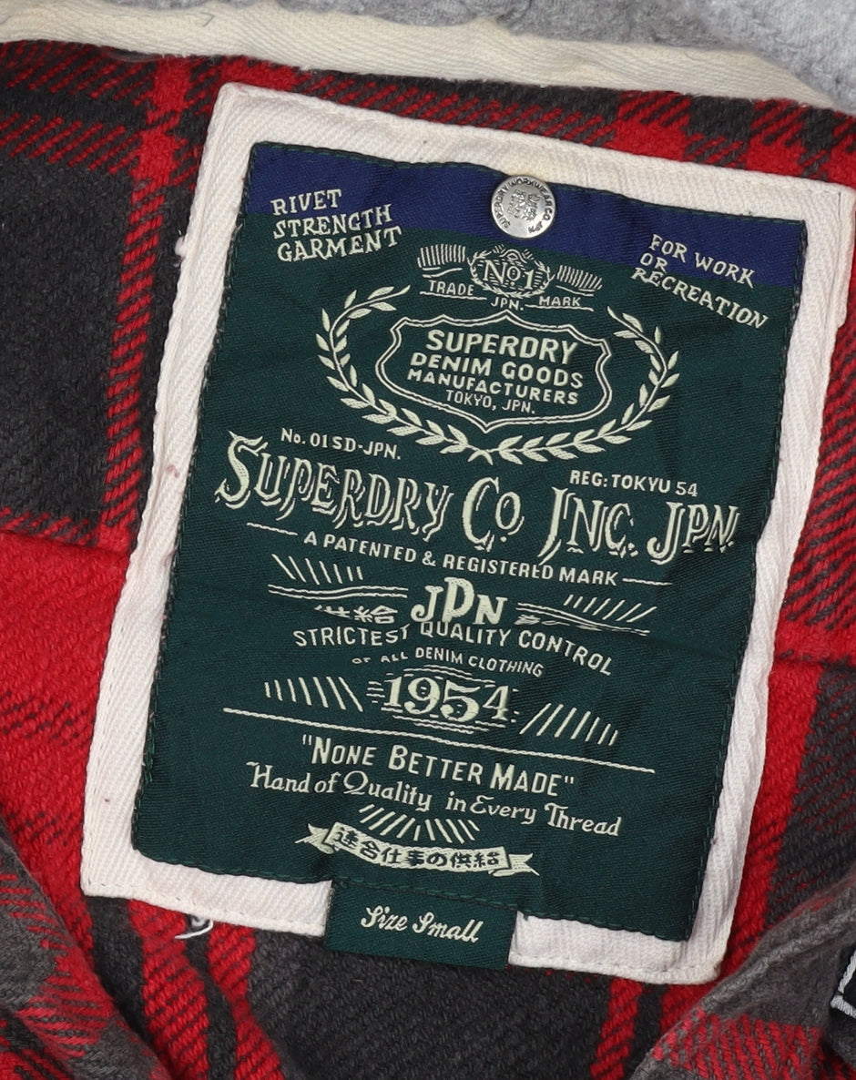 Superdry Men’s Red Plaid Hooded Button Jacket Size S