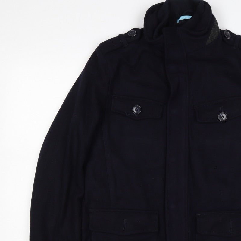 Linea Men’s Black S Wool Blend Military Style Mid-Length Coat