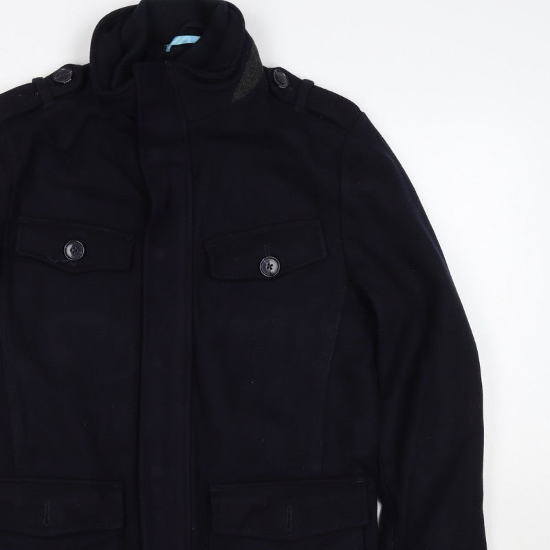 Linea Men’s Black S Wool Blend Military Style Mid-Length Coat