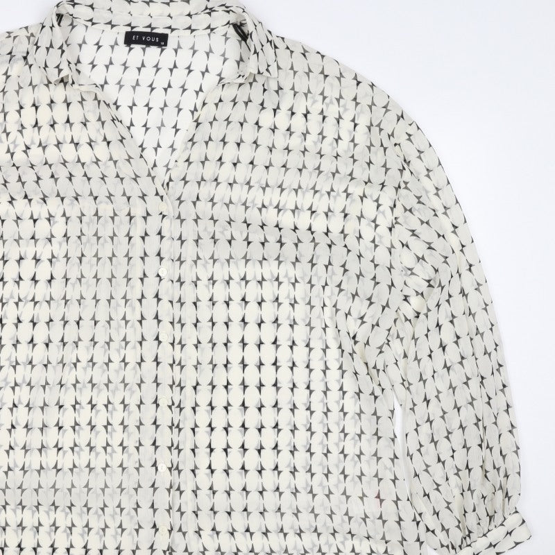 Et Vous Women White Black Geometric Print Button-Up Blouse UK 18