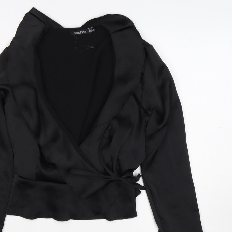 Boohoo Women’s Black Size 14 Satin Wrap Ruffle Flared Sleeve Blouse